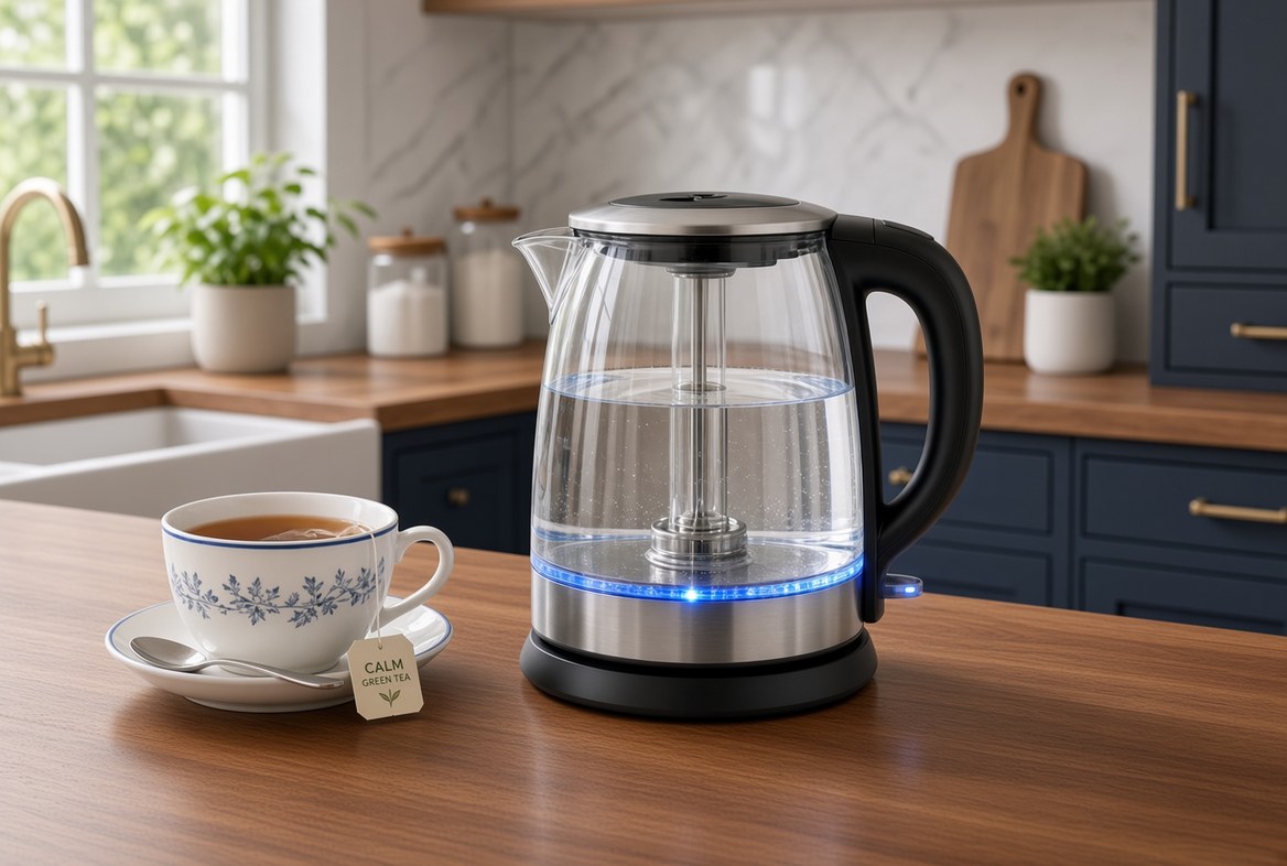 A glass electric kettle with an illuminated base on a wooden kitchen counter, filled to the water-level mark, beside a filled teacup and saucer with a spoon