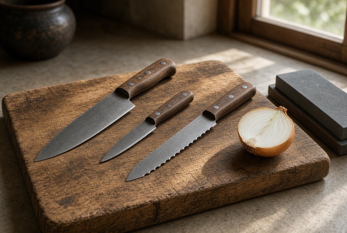 Three forged kitchen knives with riveted wooden handles laid out on a scarred wooden chopping board beside a halved onion and a whetstone