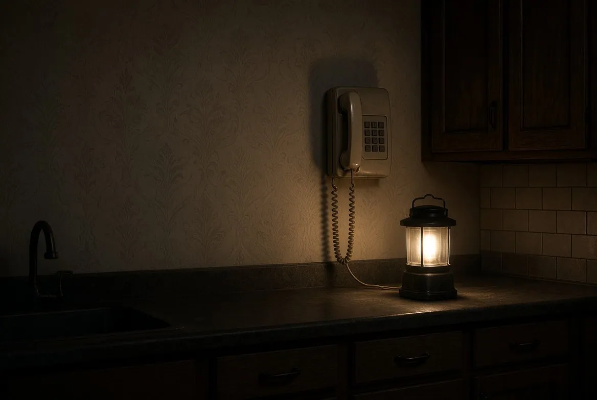 An old beige wall-mounted corded telephone on a kitchen wall at night, lit only by a battery lantern on the counter beneath it