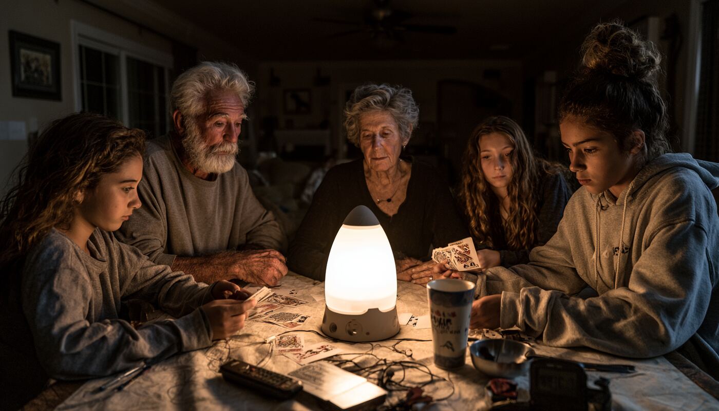 A multigenerational family playing cards around a table lit by a bright LED lantern during a power outage