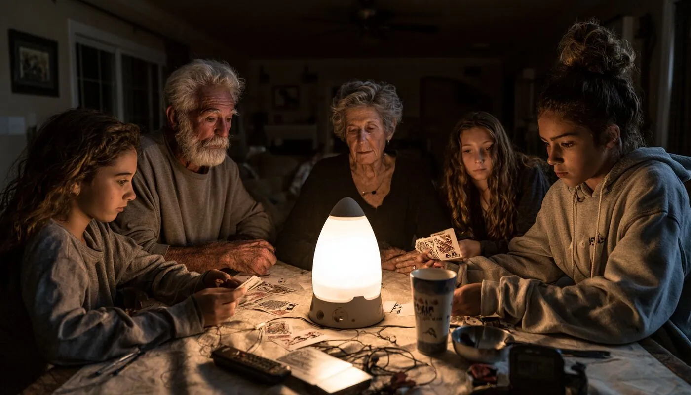 A multigenerational family playing cards around a table lit by a bright LED lantern during a power outage
