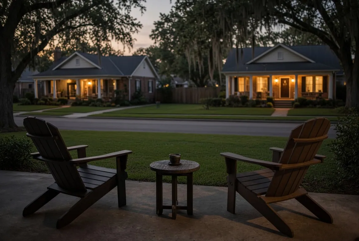 Two empty wooden chairs and a small table on a concrete patio at dusk, looking across a lawn and a quiet street to two houses with their porch lights on