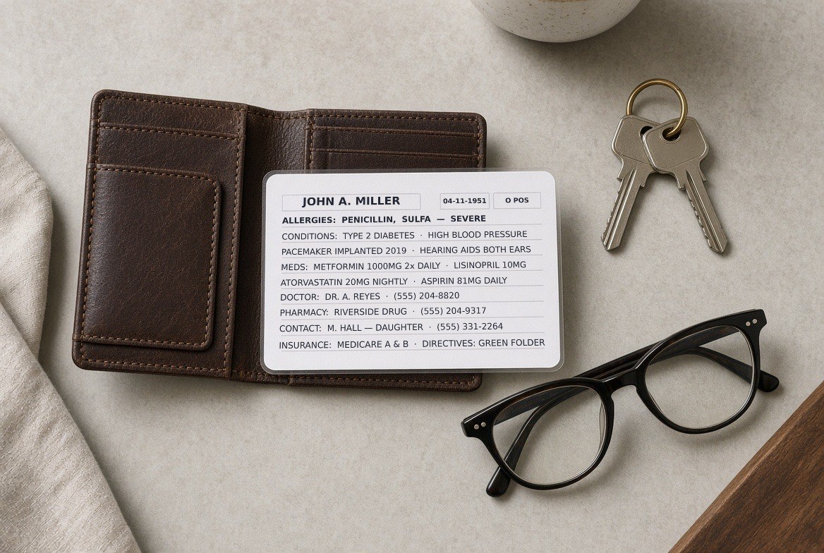 A laminated wallet-sized medical information card filled in with name, date of birth, blood type, allergies, conditions, medications, doctor, pharmacy, emergency contact and insurance, lying on an open leather wallet beside house keys and reading glasses