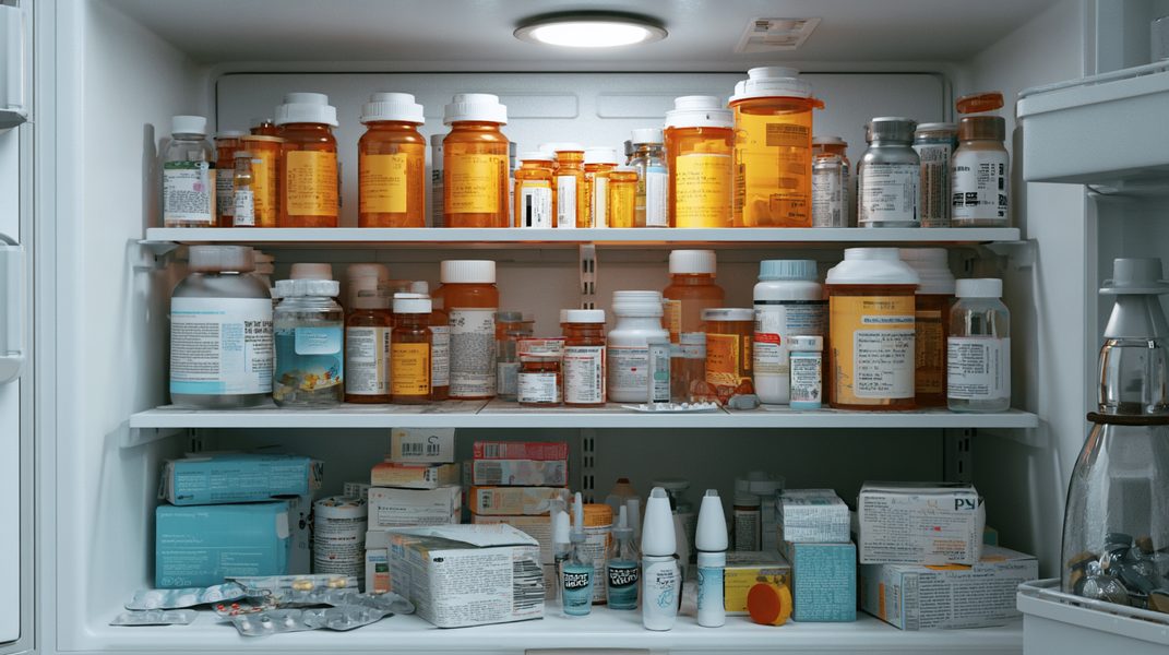 Inside view of a refrigerator with prescription medications, amber pill bottles, eye drops, and medicine boxes on two shelves