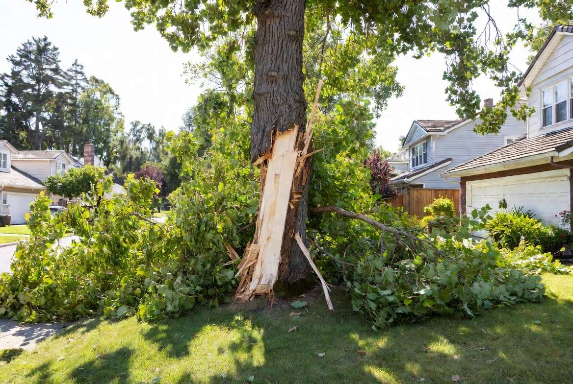 A large mature hardwood tree split open and snapped in a Midwestern front yard on a bright summer day, its green crown down across the lawn beside undamaged houses