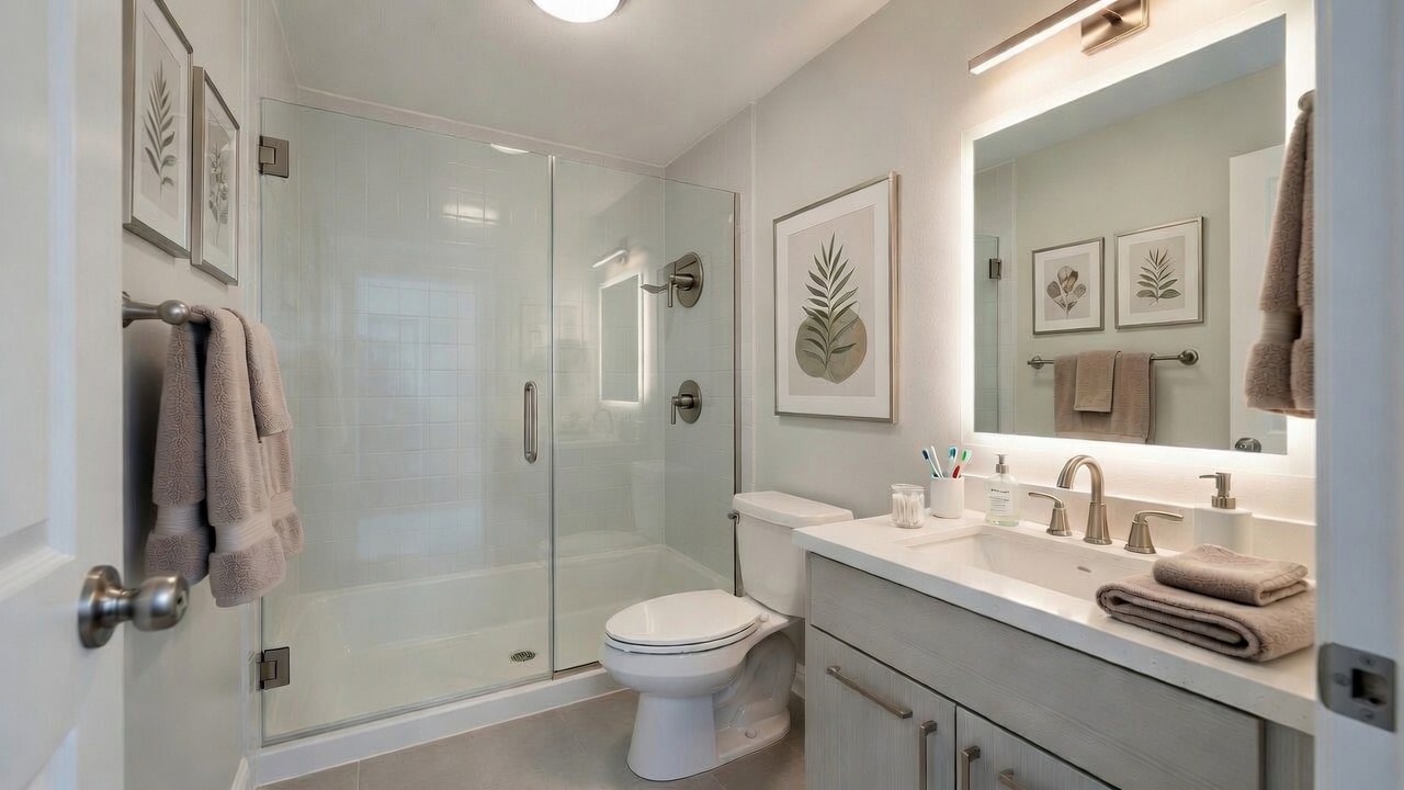 An ordinary bathroom with a tub and shower, a toilet and a vanity, clean and empty in daylight
