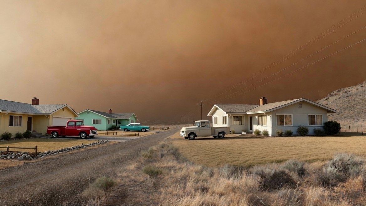 A row of ranch houses along a gravel county road in dry high-country rangeland, the whole sky a heavy orange-brown haze of dust and distant smoke, bleached grass and sagebrush in the foreground, wooden power poles and lines running away past the houses