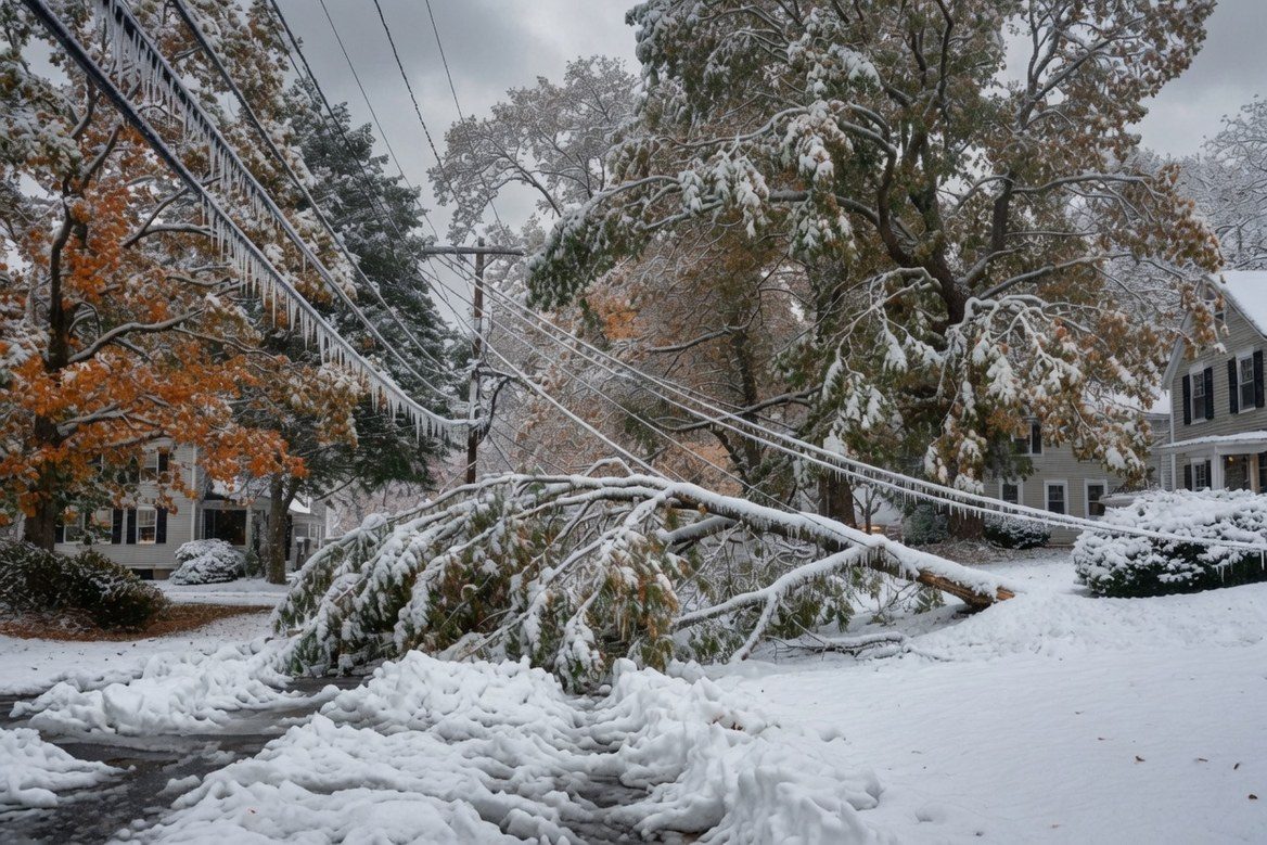 A New England street the morning after a heavy wet autumn snowfall, trees still carrying orange leaves but bowed and broken under snow and ice, a large limb down across the road and power lines sagging under the weight, clapboard houses behind