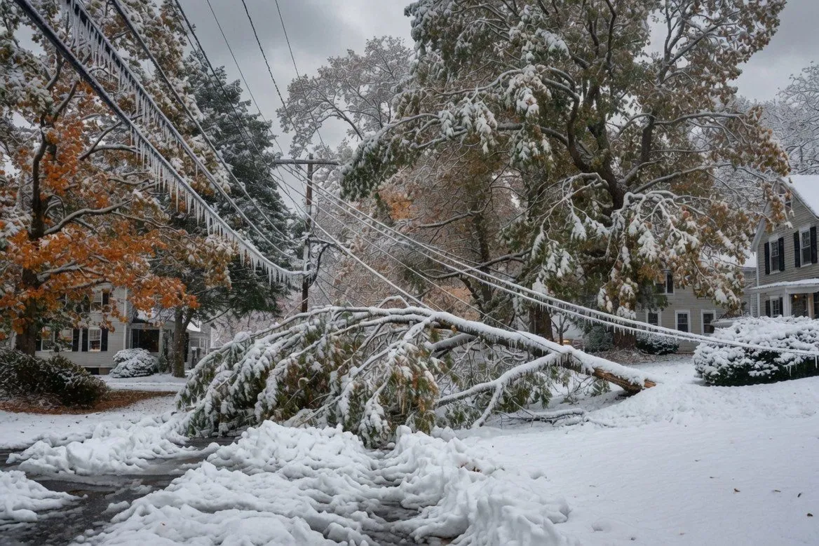 A New England street the morning after a heavy wet autumn snowfall, trees still carrying orange leaves but bowed and broken under snow and ice, a large limb down across the road and power lines sagging under the weight, clapboard houses behind