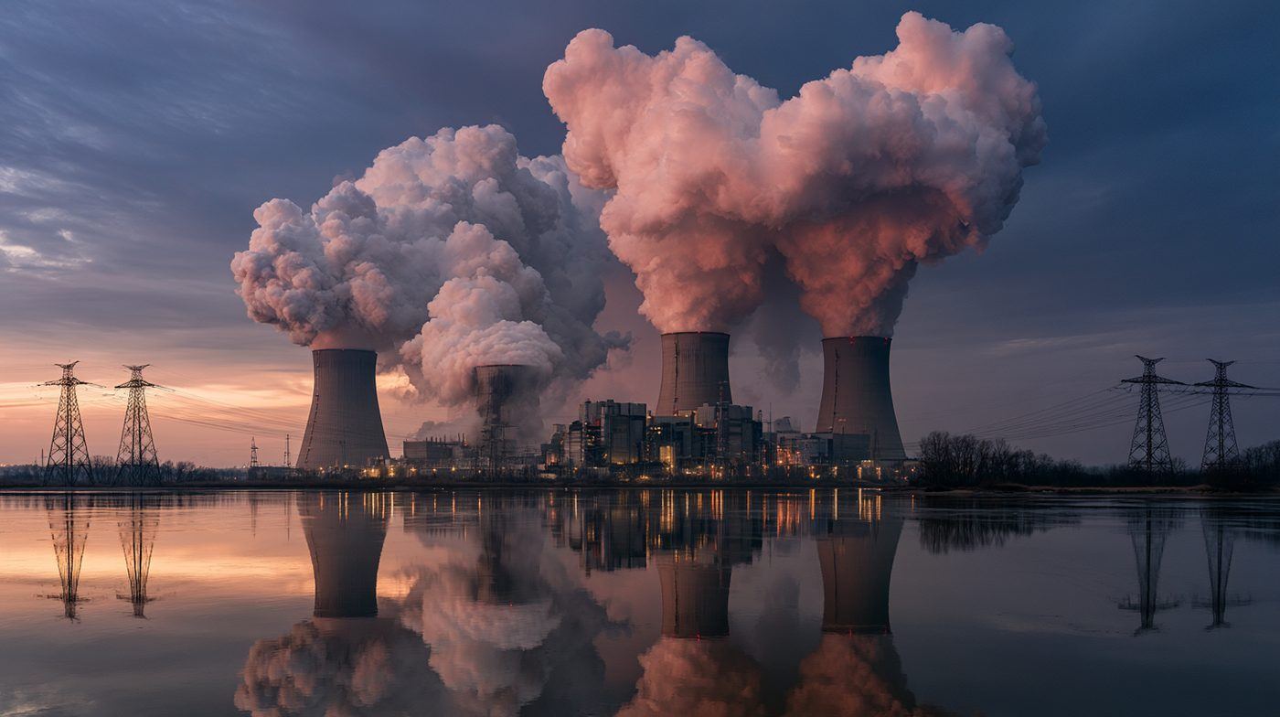 Nuclear power plant with four massive cooling towers billowing steam reflected in a river at sunset