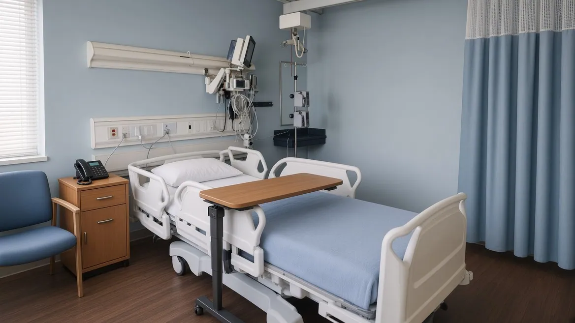 A hospital room with an adjustable bed, a wheeled overbed tray table, a bedside cabinet with a telephone, a visitor chair and a wall-mounted monitor, empty and lit by daylight from a blinded window