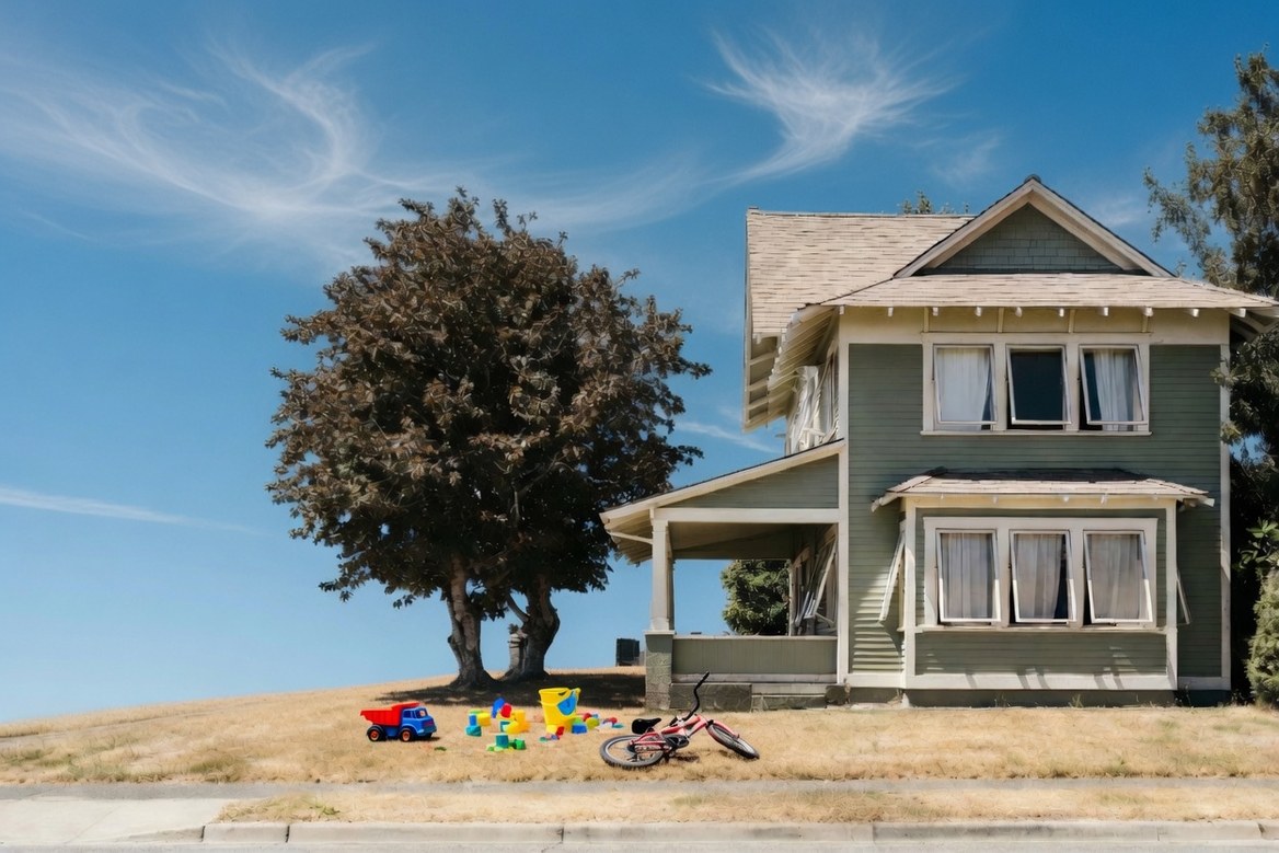 A green-painted wooden two-story house in hard summer light with every window pushed wide open and no air moving, parched yellow-brown grass across the whole front lawn, a single shade tree, no air conditioning unit anywhere on the building
