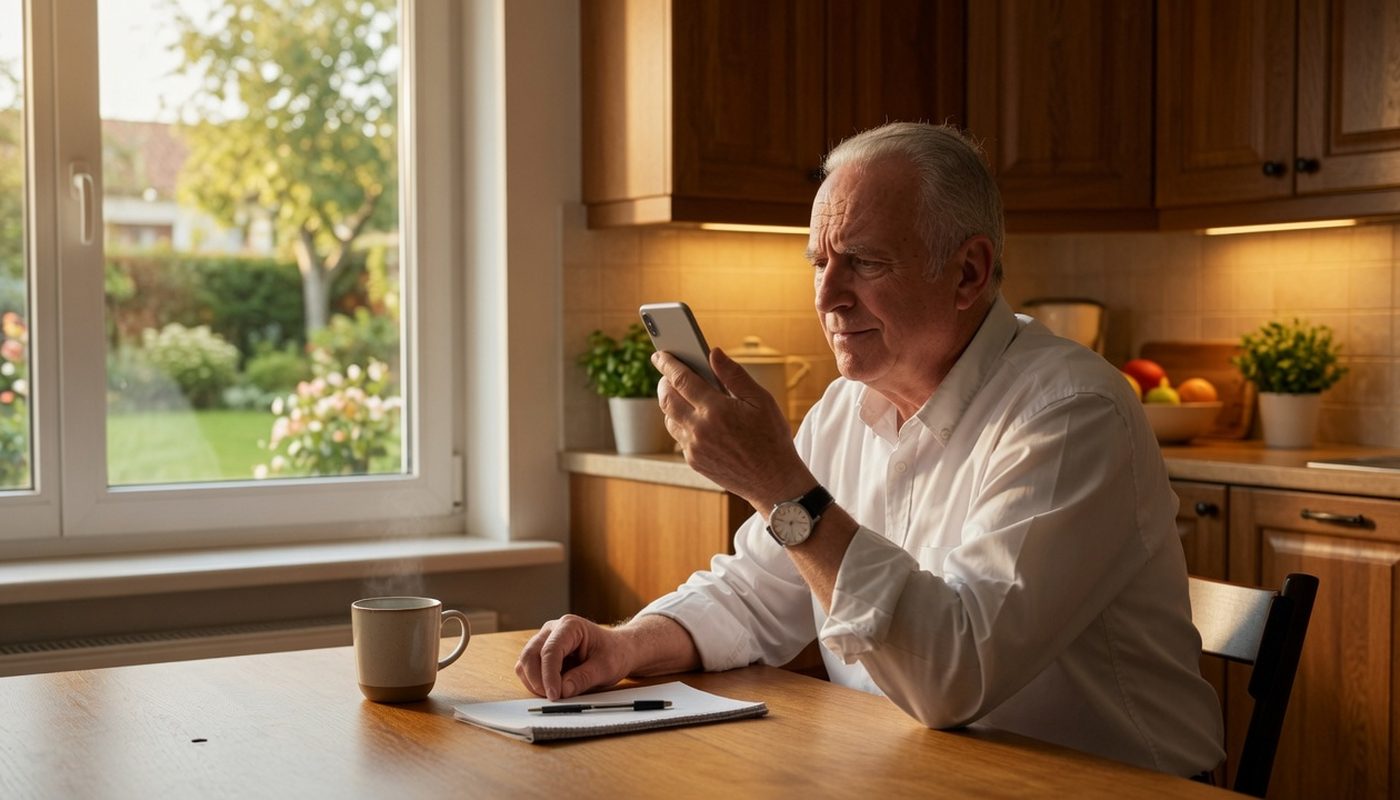 An older man sitting at his kitchen table in the morning, holding a telephone away from his ear and looking at it thoughtfully, with a notepad and a mug in front of him