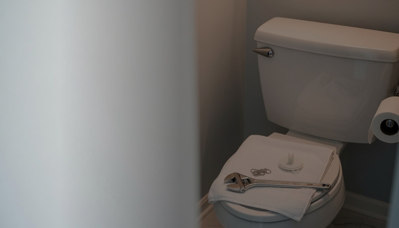 A folded white towel laid on a closed toilet lid holding an adjustable wrench, a new flapper and its chain, in an ordinary bathroom lit from a window