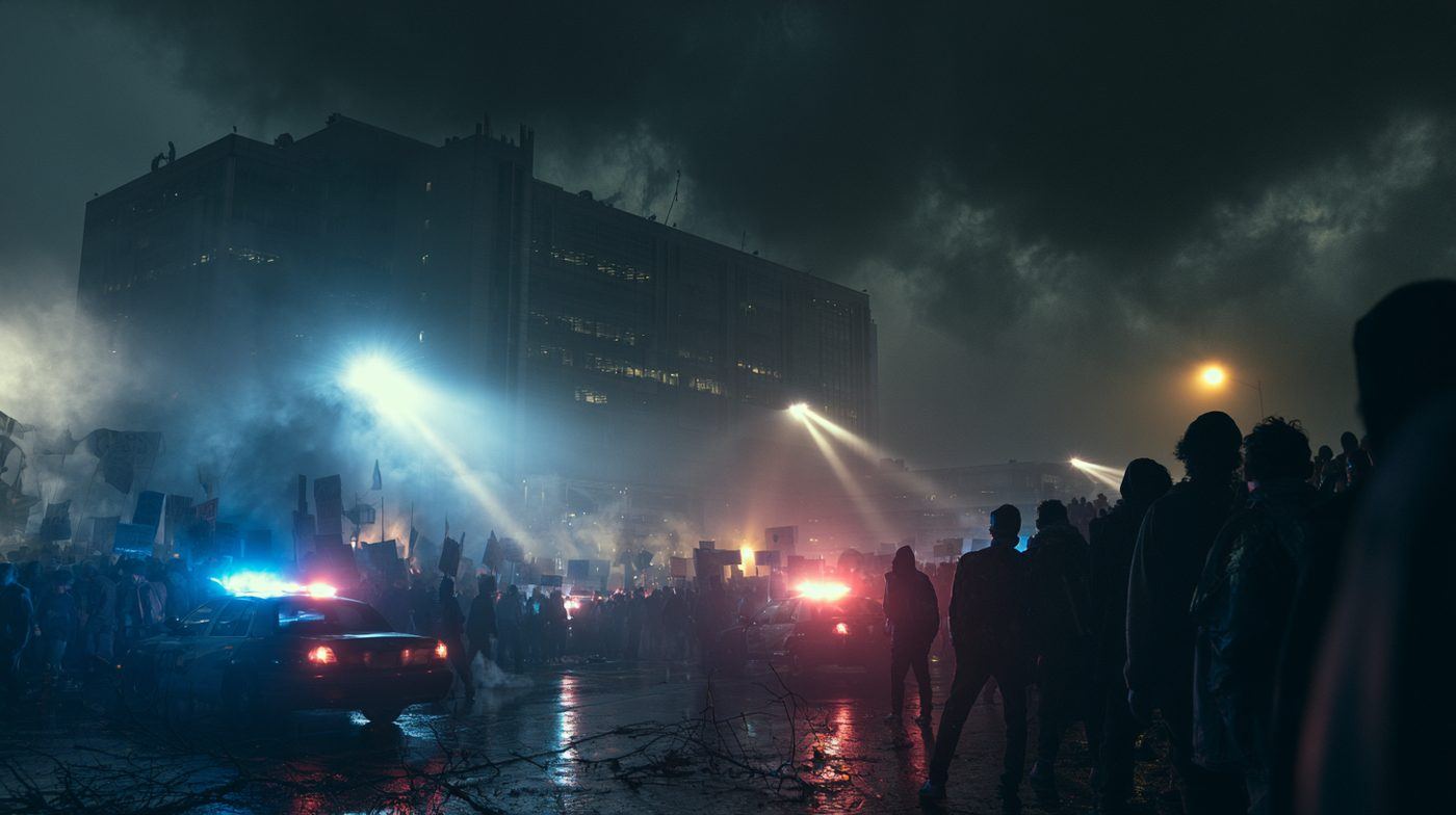 Protesters outside a dark utility company headquarters at night with police lights and smoke