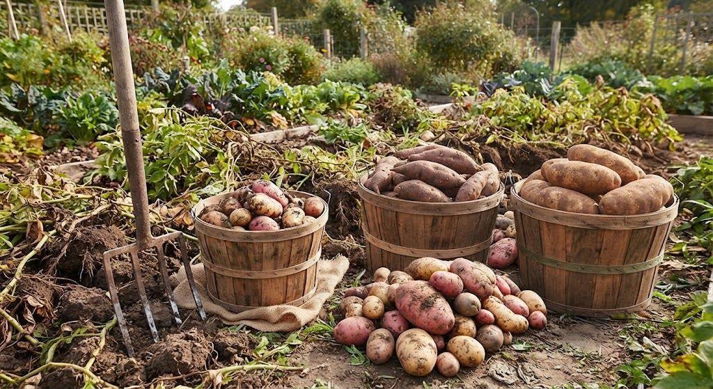 Three wooden bushel baskets overflowing with red, russet, and mixed potato varieties at harvest, pitchfork in a lush garden