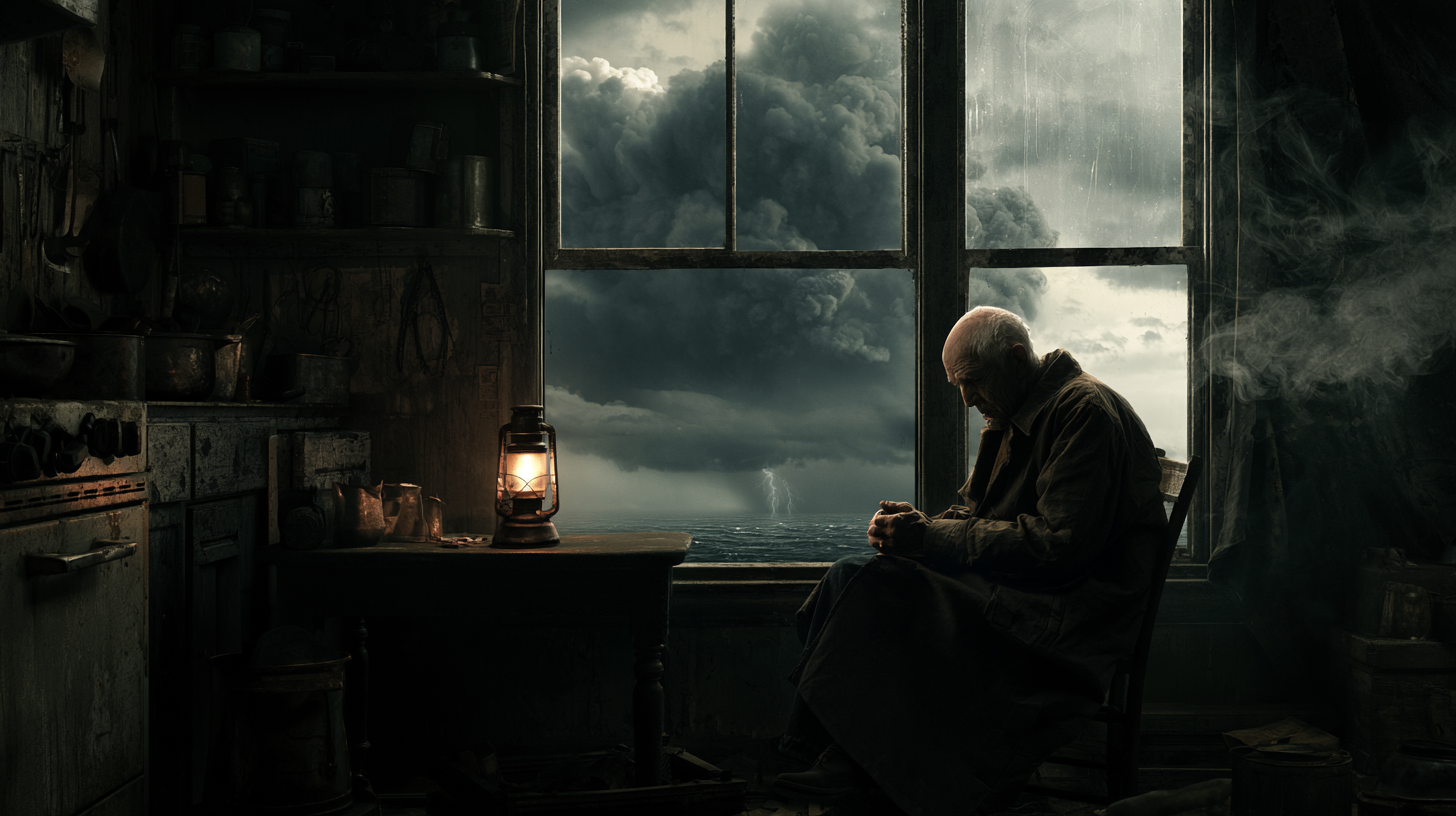 Elderly man alone in dark home during storm with only a lantern for light
