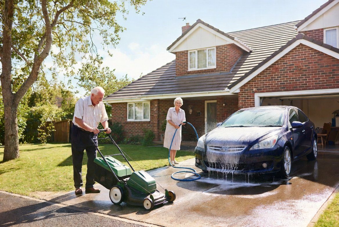 An older couple outside their own home on an ordinary afternoon