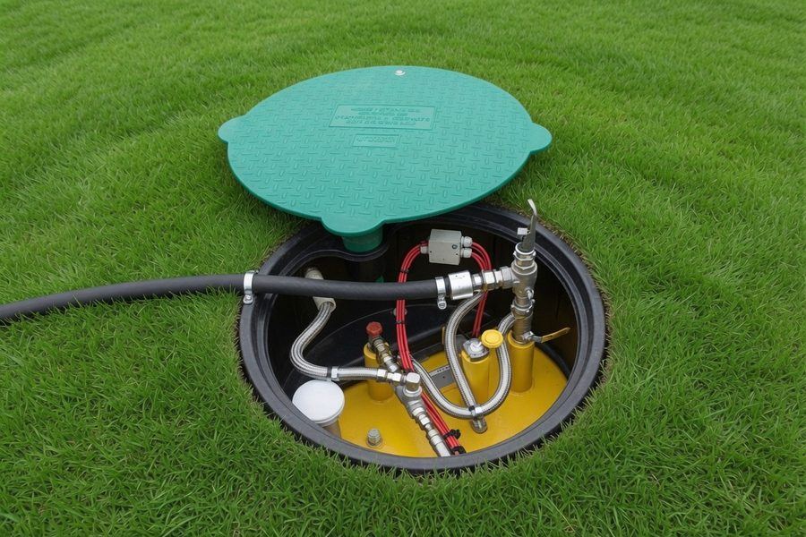 Buried propane tank access dome open in a Florida lawn showing brass valve assembly and gas lines