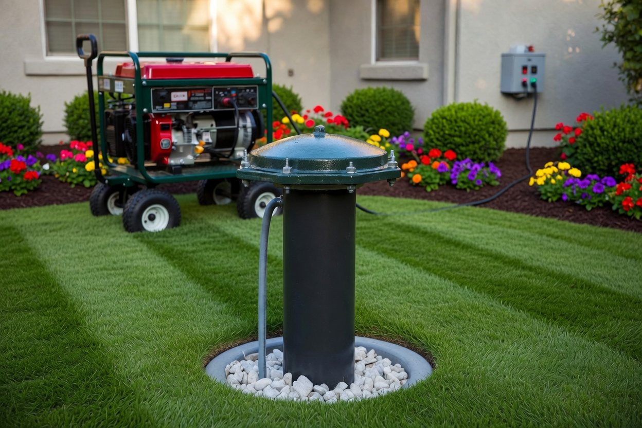 A plain green-capped residential well head with its electrical conduit, standing in a gravel circle with a concrete collar in a landscaped backyard, while a portable generator rides in a green four-wheeled garden wagon by the house wall, its cord running up to a small transfer connection box with a red indicator light