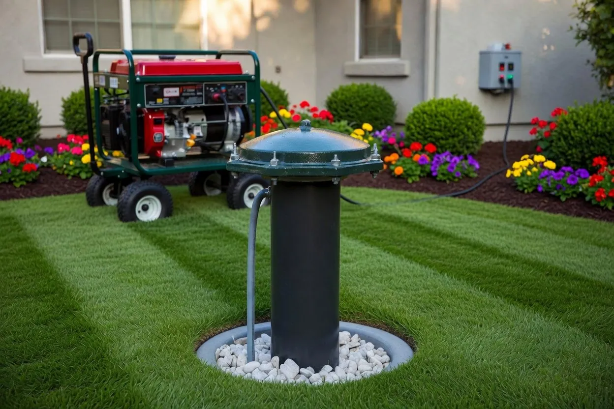 A plain green-capped residential well head with its electrical conduit, standing in a gravel circle with a concrete collar in a landscaped backyard, while a portable generator rides in a green four-wheeled garden wagon by the house wall, its cord running up to a small transfer connection box with a red indicator light