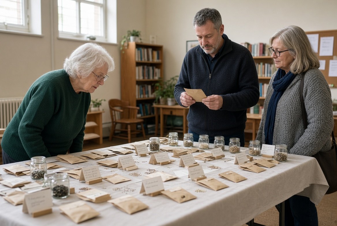 Three people of mixed ages around a long table in a library room set out for a seed swap, small paper envelopes and glass jars of seed laid out in rows with handwritten cards among them