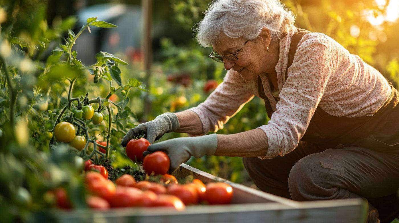 Senior woman tending a raised vegetable garden bed in her backyard, harvesting tomatoes