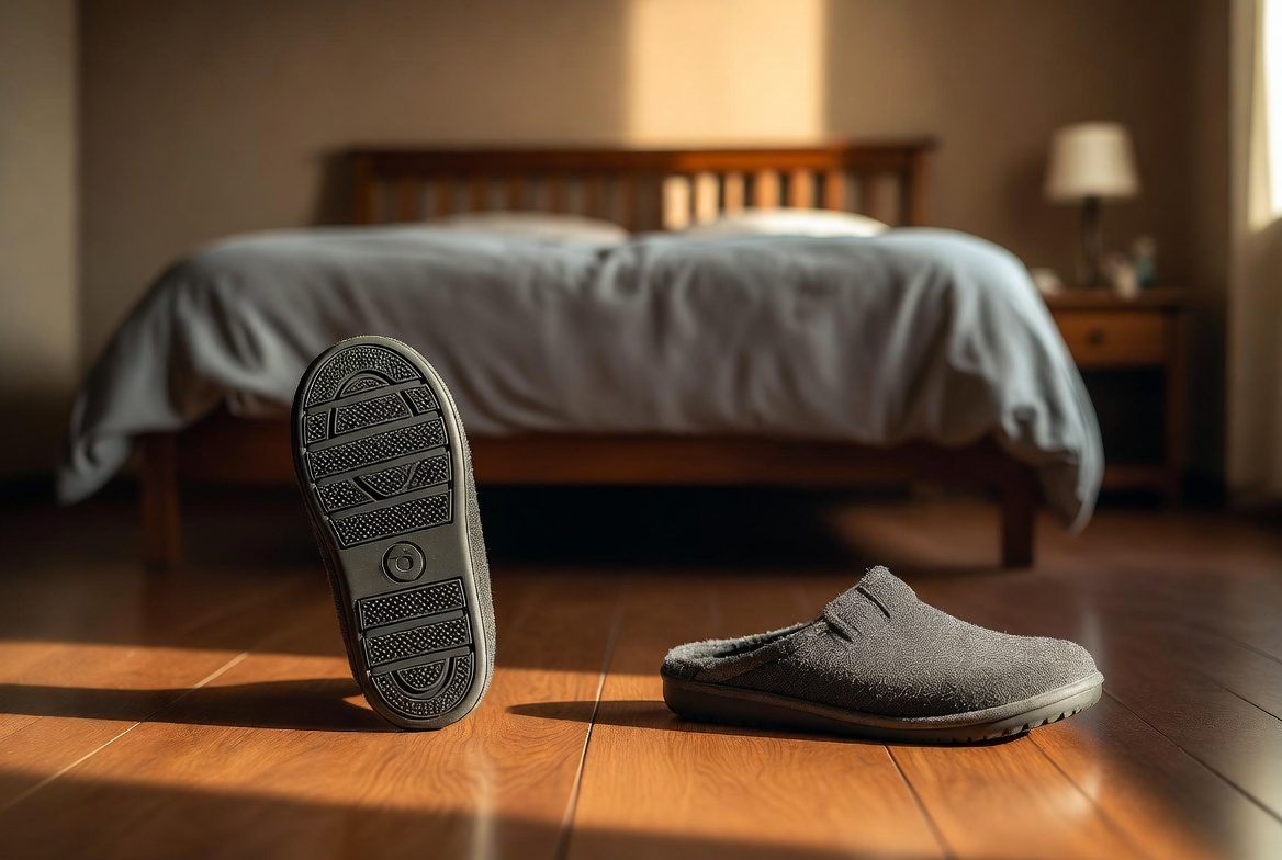 Gray closed-back slipper clog standing upright to show its deeply treaded rubber sole, beside its mate on a hardwood bedroom floor