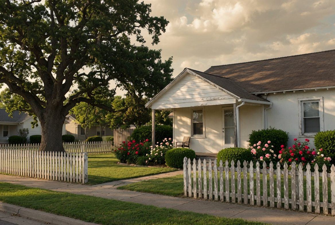 A small white clapboard house behind a weathered picket fence in late afternoon light, roses along the front walk and a large oak shading the yard