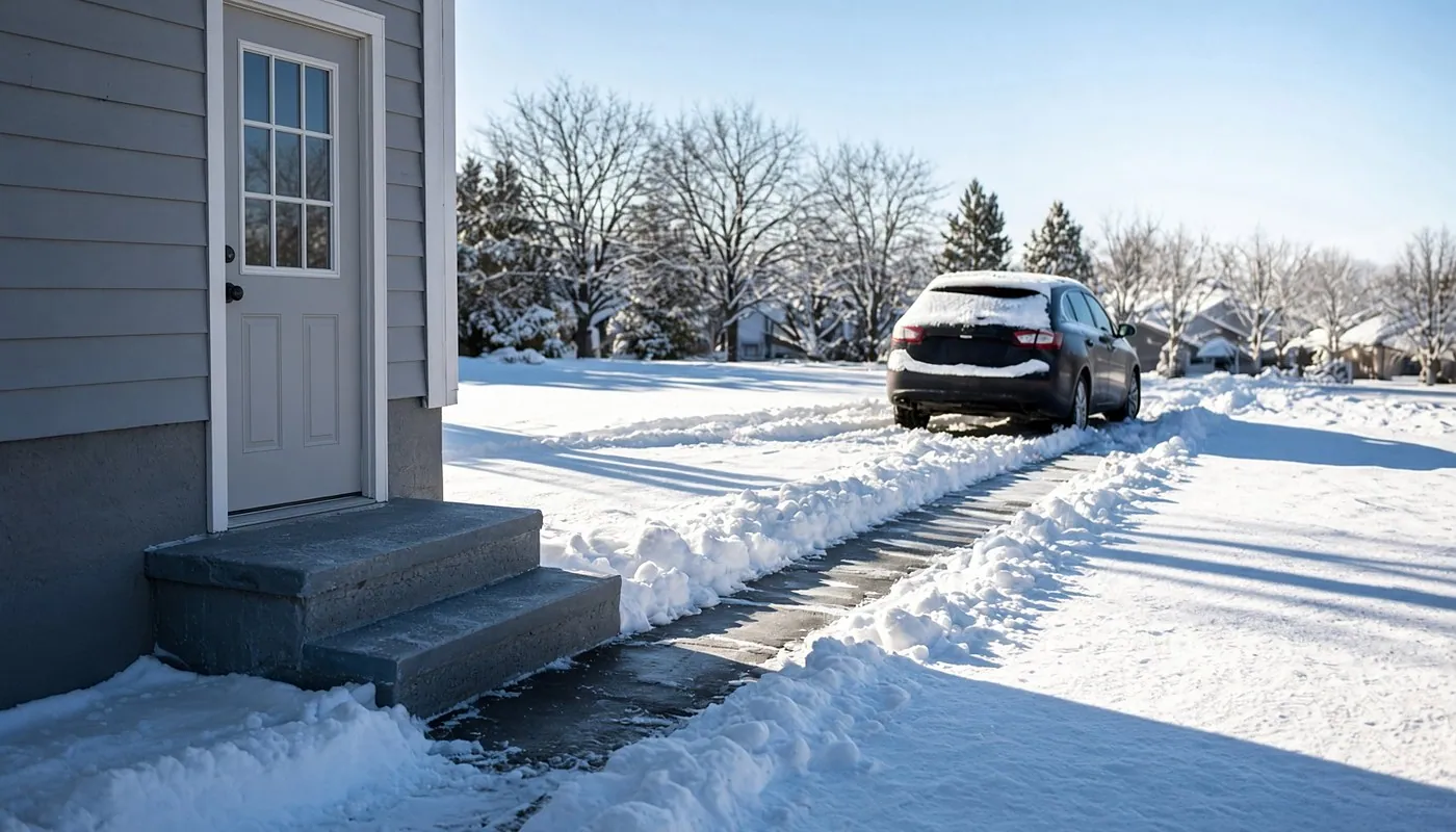 A cleared path shovelled down to the pavement running from a house back door and concrete steps across a snow-covered yard to a car parked in the driveway, low winter sun throwing long shadows across deep snow on either side
