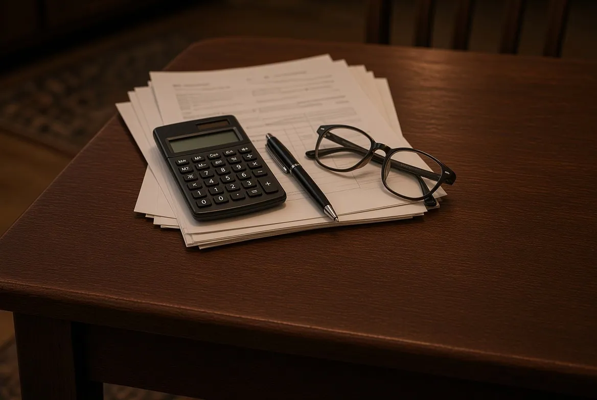 A stack of household paperwork on a dark wooden table with a pocket calculator, a pen and a pair of reading glasses resting on top, lit low and warm