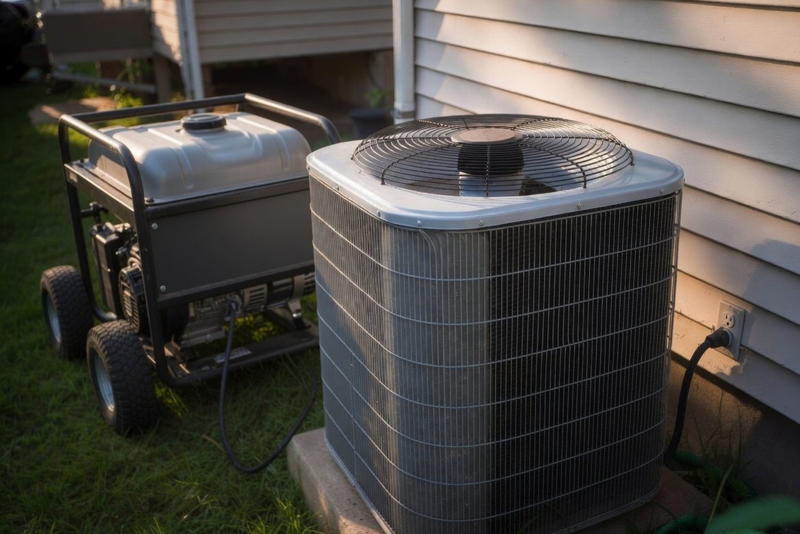 A residential air-conditioning condenser unit beside a house wall in late afternoon light, with a portable generator standing on the grass nearby and a heavy cord running to an outdoor outlet