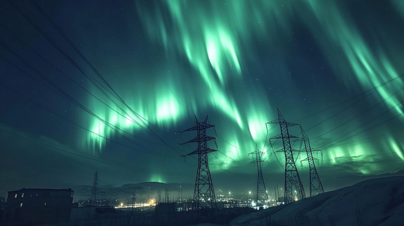 Massive aurora borealiz filling the sky over a dark blacked-out city skyline after a solar storm