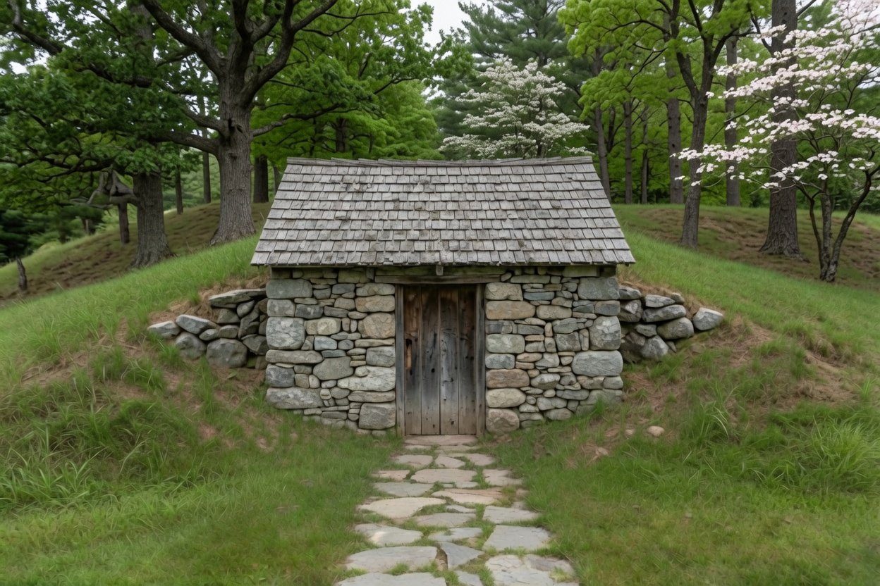 A small stone spring house with a shingled roof and a plank door, set into a low grassy bank among trees, with a flagstone path leading to the door