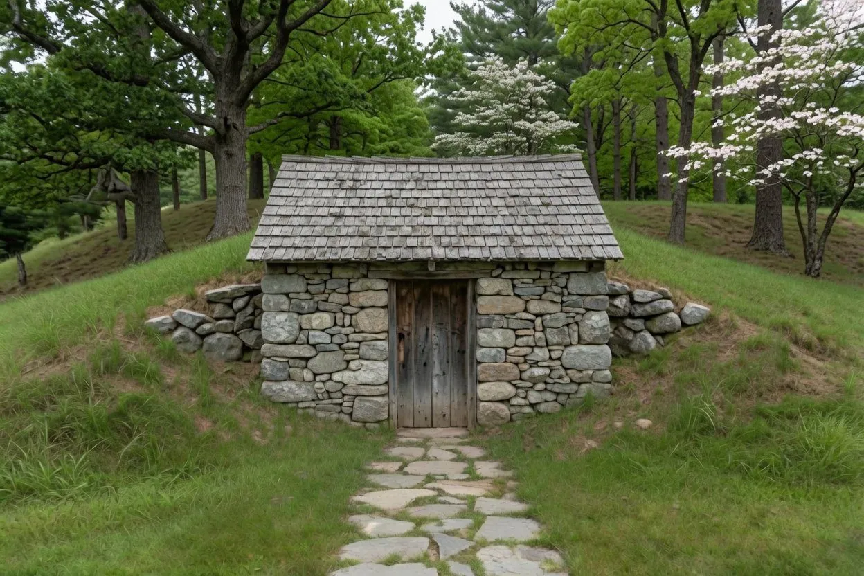 A small stone spring house with a shingled roof and a plank door, set into a low grassy bank among trees, with a flagstone path leading to the door