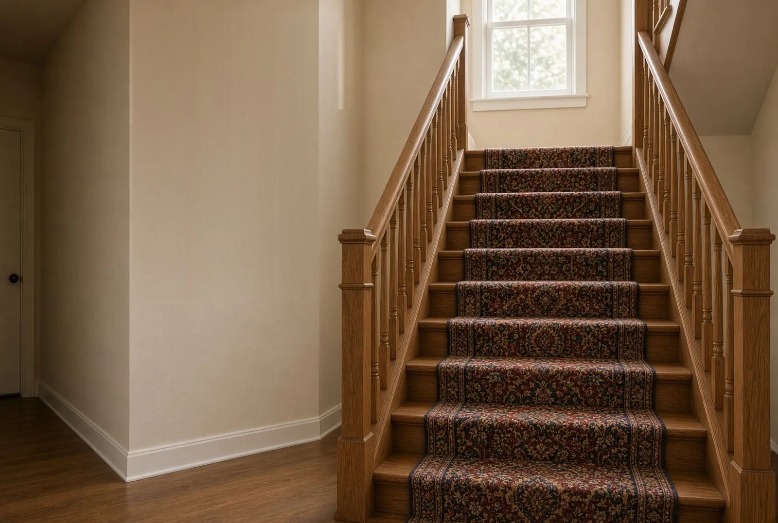 A straight carpeted staircase in an ordinary American house with a wooden handrail on both sides and daylight coming through a window at the top