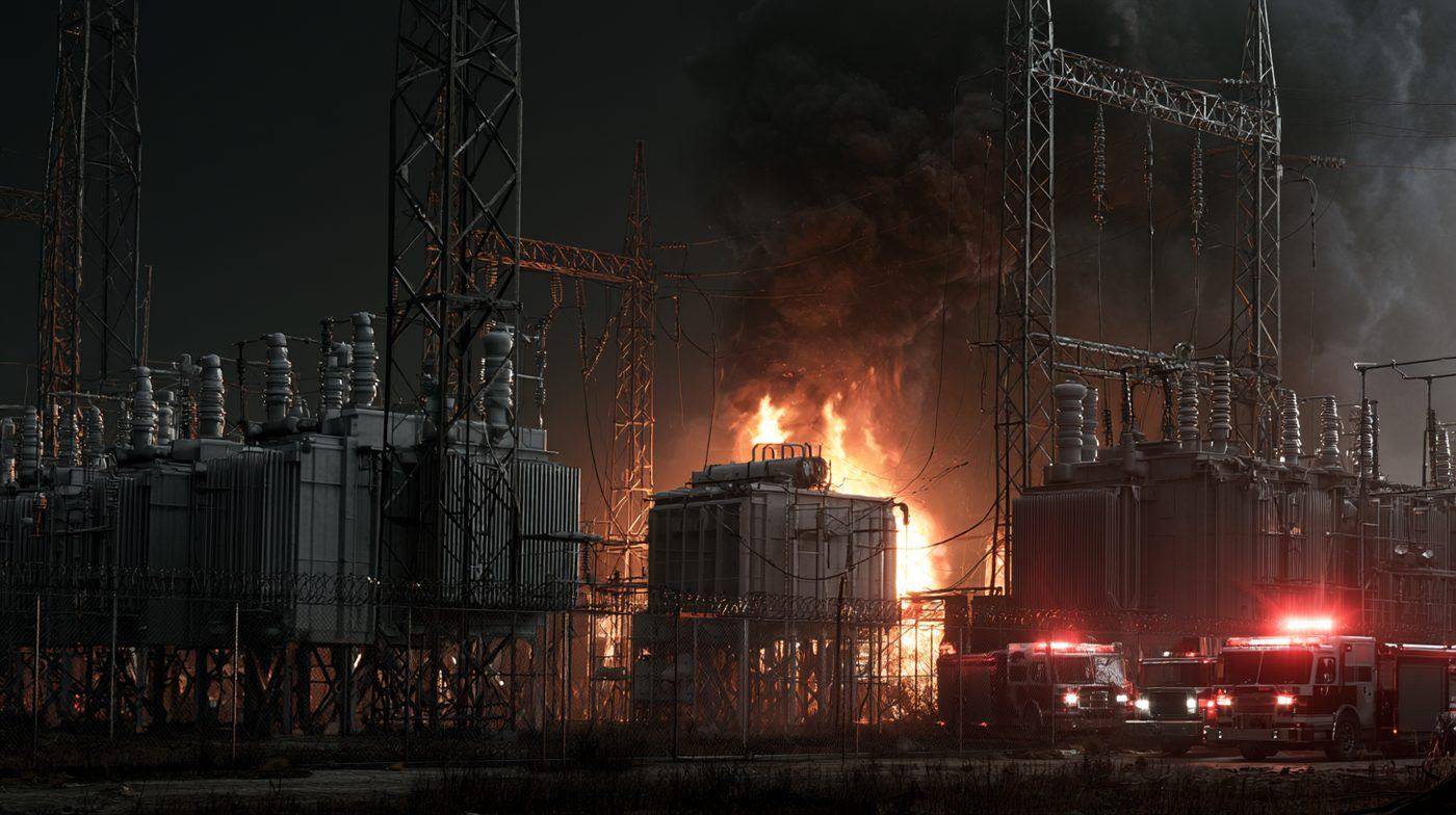 Large electrical substation on fire at night with fire trucks responding and massive flames in the transformer yard