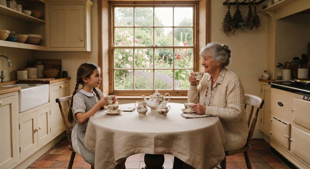 Grandmother and granddaughter sharing homemade tea at a kitchen table, dried herb bundles hanging from the ceiling, garden in bloom through the window behind them