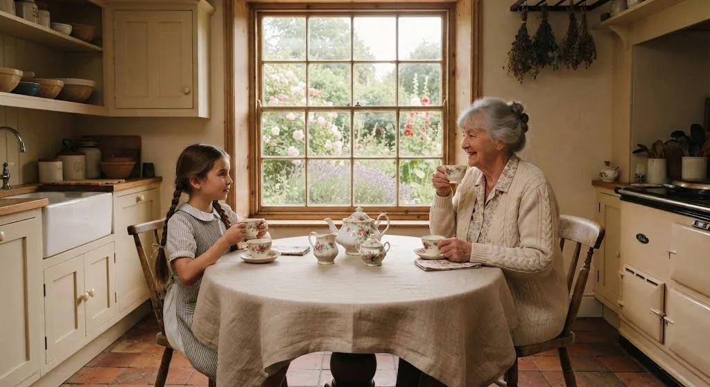 Grandmother and granddaughter sharing homemade tea at a kitchen table, dried herb bundles hanging from the ceiling, garden in bloom through the window behind them