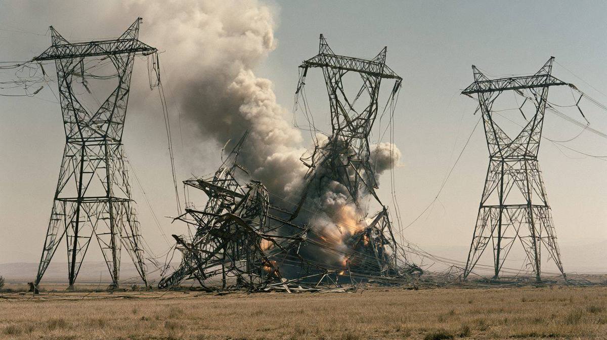 High-voltage transmission towers destroyed and collapsed in an open field with smoke and fire rising from the wreckage