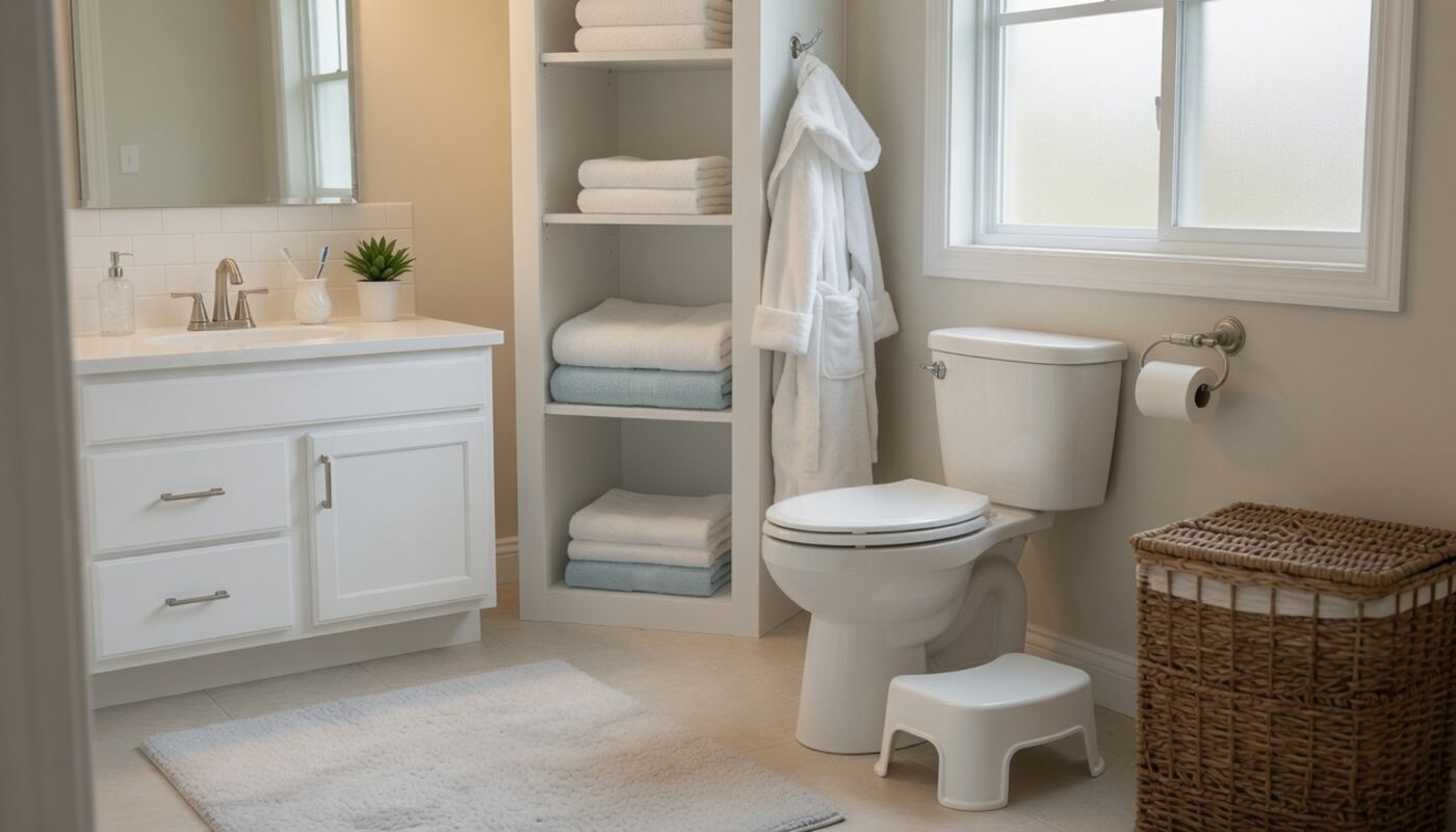 A bright bathroom with a comfort height toilet and a small white step stool at its base