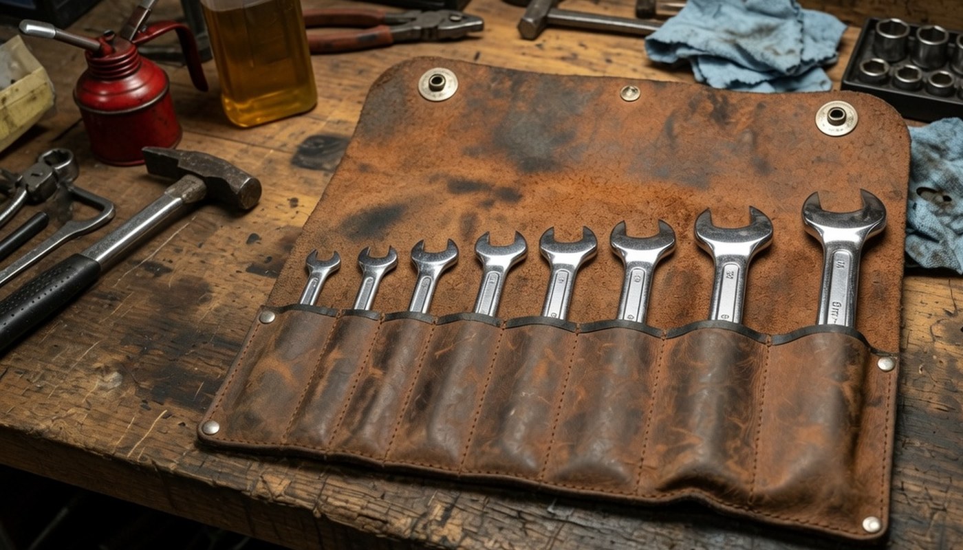 A worn leather tool roll opened out on a workbench with eight open-end wrenches laid in it in order of size