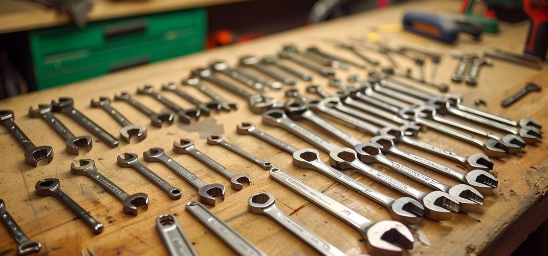 Rows of chrome vanadium wrenches and combination wrenches laid out on a wooden workbench in a well-equipped garage workshop