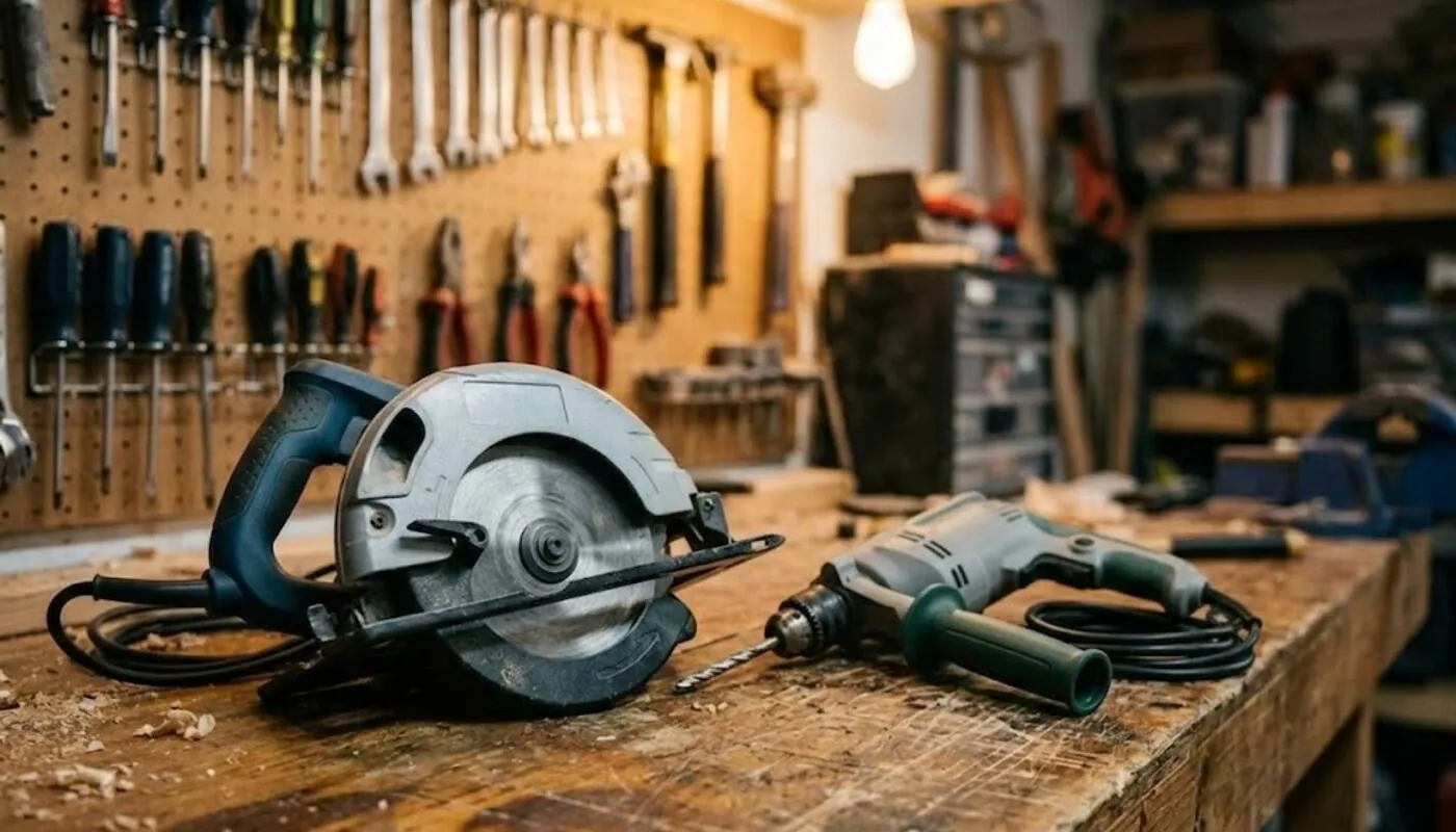 An unbranded corded circular saw and corded drill on a wooden workbench in a warm garage workshop with a pegboard of hand tools