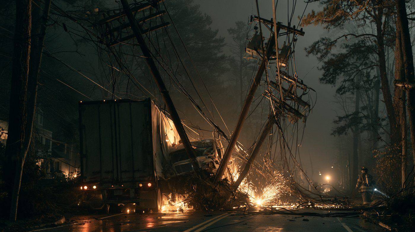 Semi truck crashed into utility poles at night with downed power lines and sparks on a wet road