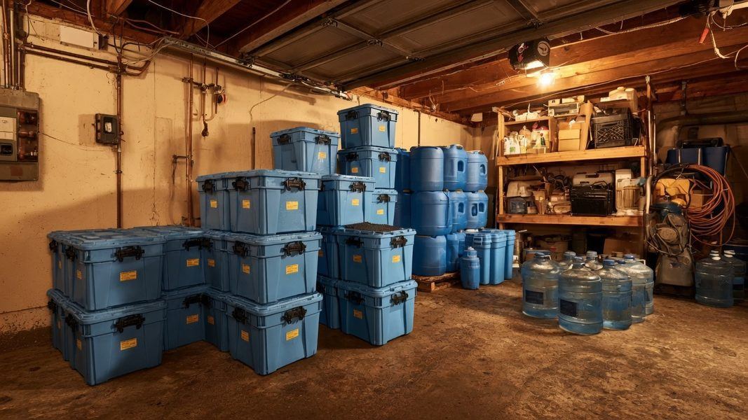Blue stackable water storage containers, barrels, and clear 5-gallon jugs organized in a garage for emergency preparedness