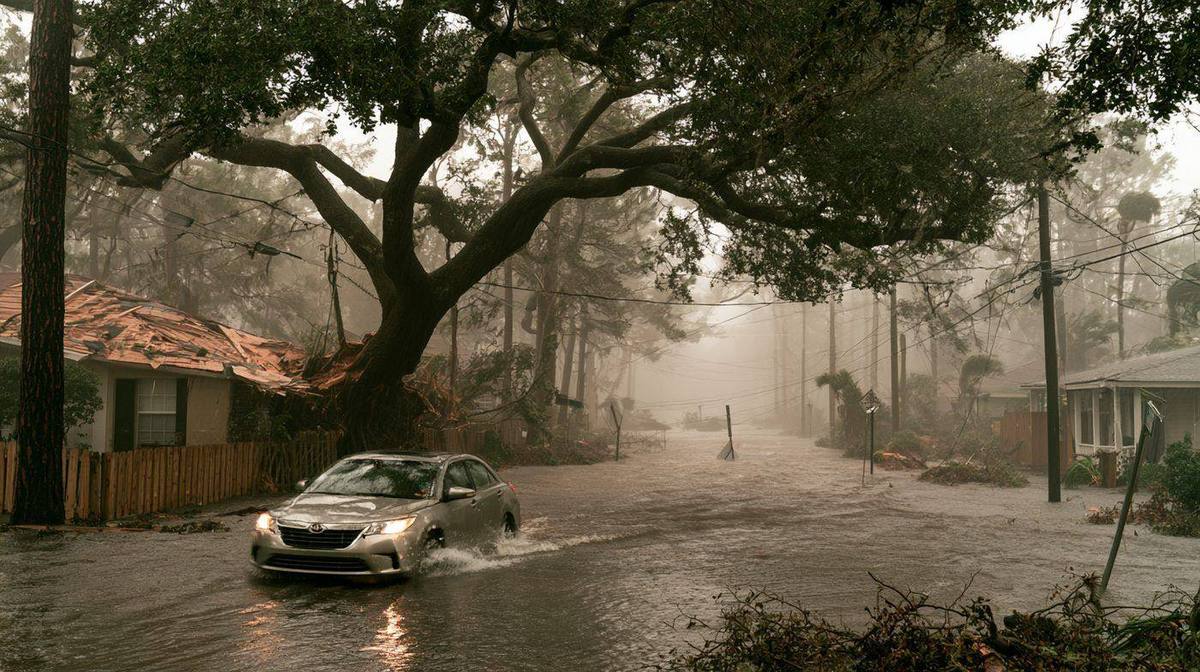 Flooded Florida neighborhood street during a hurricane with downed power lines and a car driving through floodwater