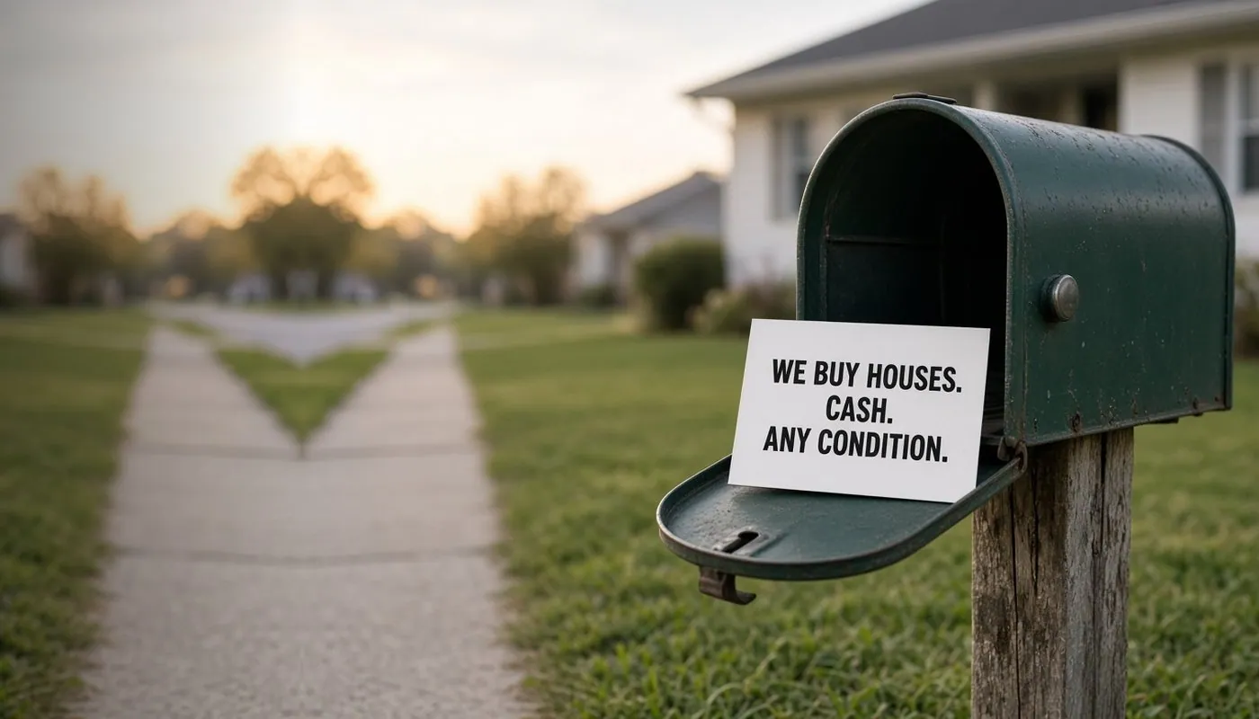 A weathered green mailbox on a wooden post at the edge of a front lawn at dusk, its door hanging open with a white card propped in it reading We Buy Houses. Cash. Any Condition.