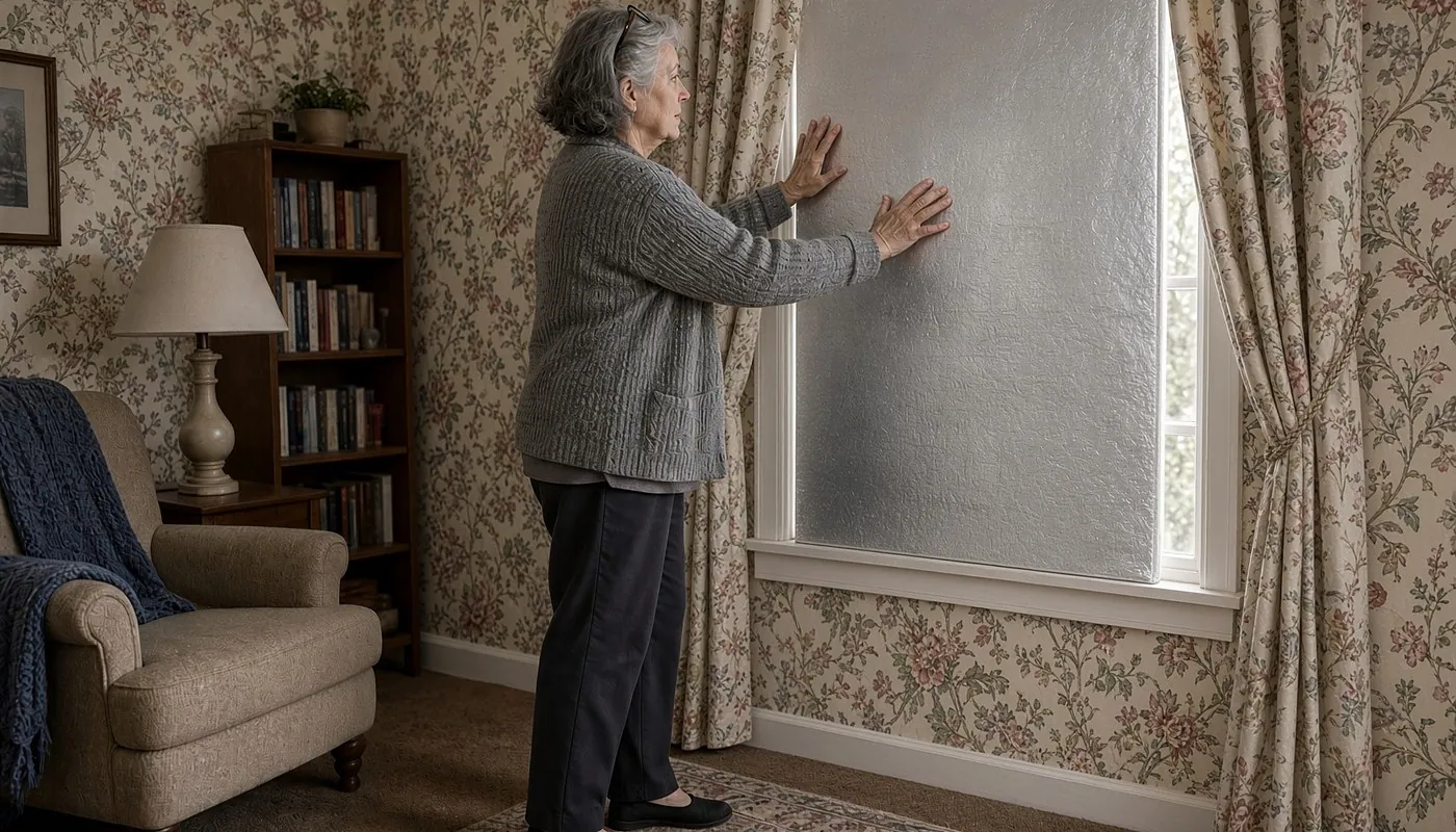 An older woman in a cardigan standing at a window in a lived-in room, both hands flat against a silver foil-faced foam insulation panel, pressing it into the window opening