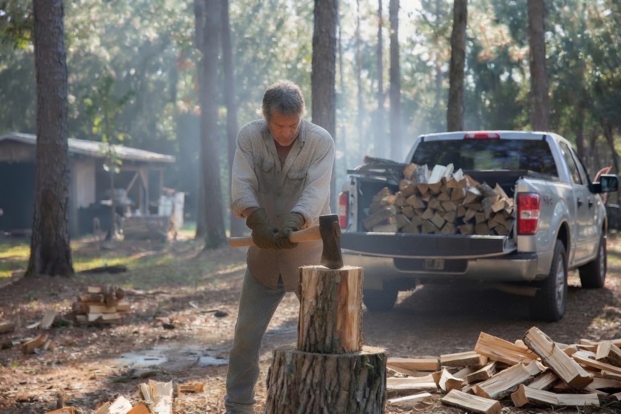 A man splitting a round of firewood on a chopping block in a clearing among pines, morning light through the trees, with a pickup truck behind him already loaded with split wood
